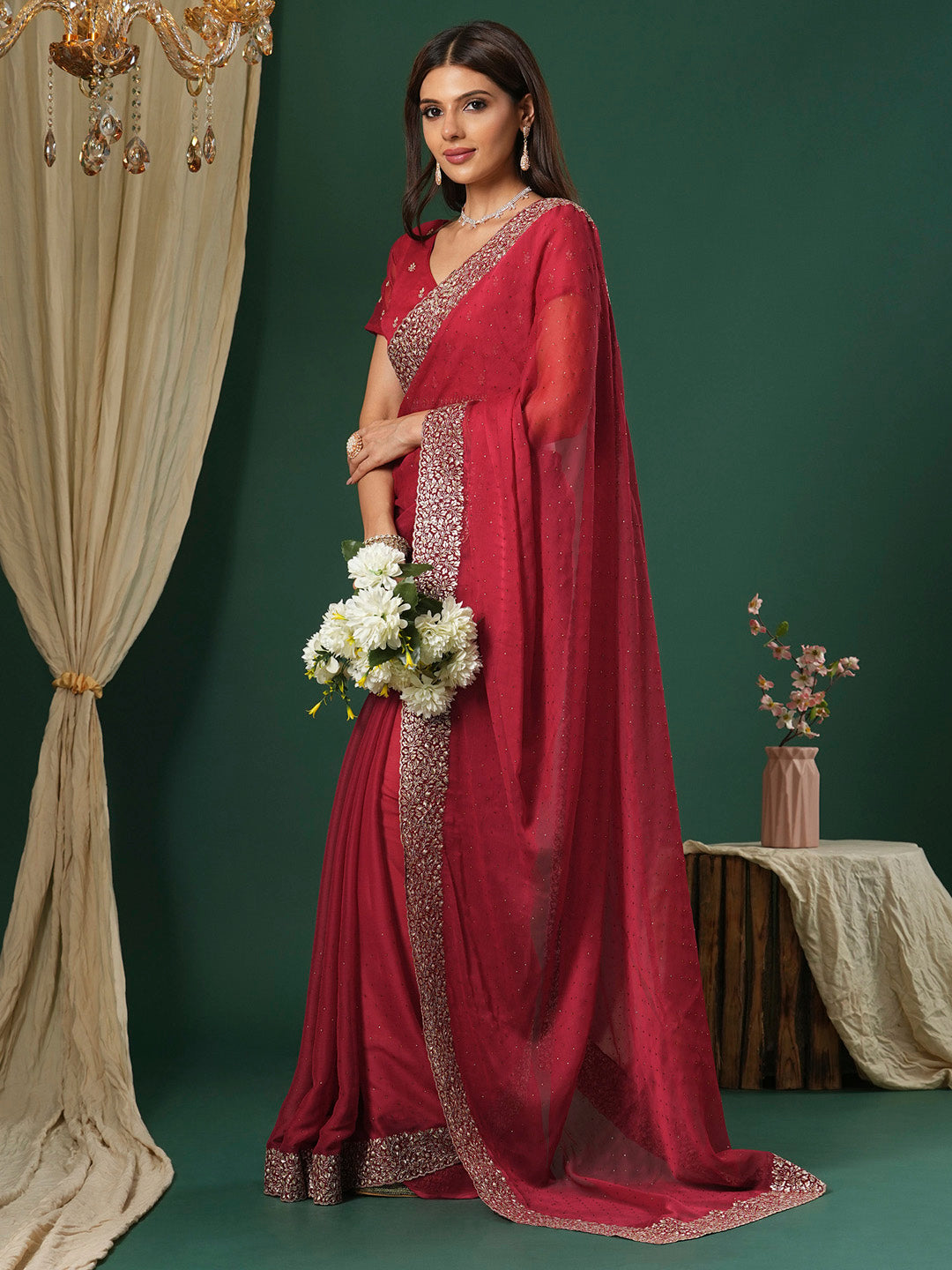 Women's Chiffon Red Embroidered Designer Saree With Blouse Piece