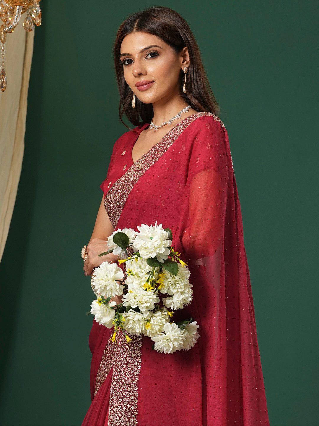 Women's Chiffon Red Embroidered Designer Saree With Blouse Piece
