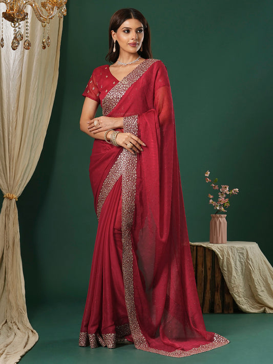 Women's Chiffon Red Embroidered Designer Saree With Blouse Piece