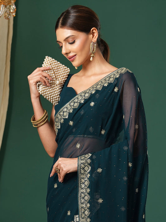Women's Georgette Teal blue Embroidered Designer Saree With Blouse Piece