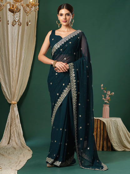 Women's Georgette Teal blue Embroidered Designer Saree With Blouse Piece