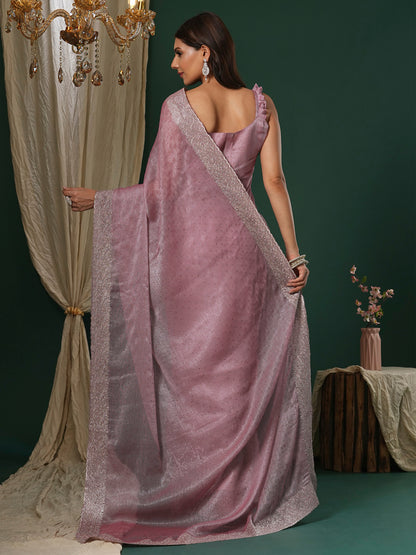 Women's Organza Mauve Embroidered Designer Saree With Blouse Piece