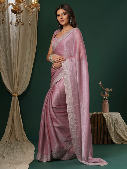 Women's Organza Mauve Embroidered Designer Saree With Blouse Piece