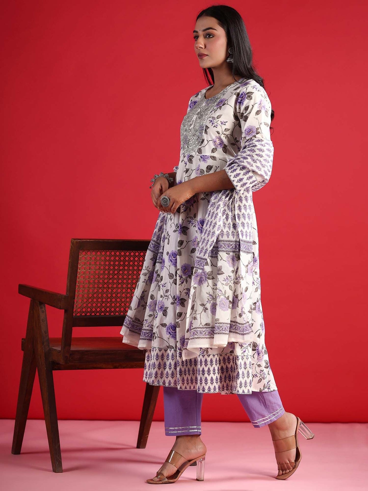 Dhiyona IE Floral Empire Sequinned Pure Cotton A-Line Kurta with Trousers & Dupatta