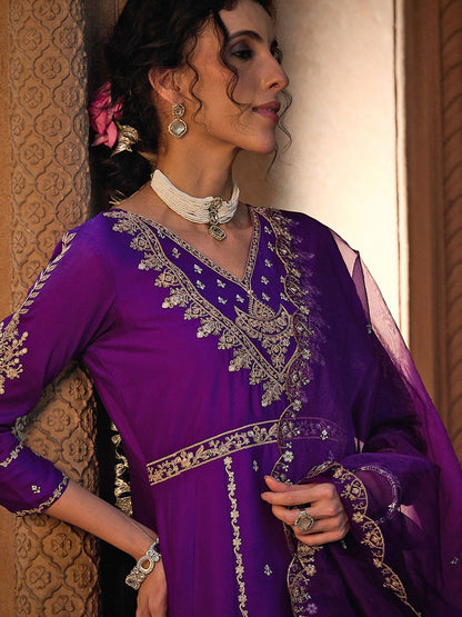 Dhiyona CH Women Floral Embroidered A-Line Kurta with Trousers & Dupatta