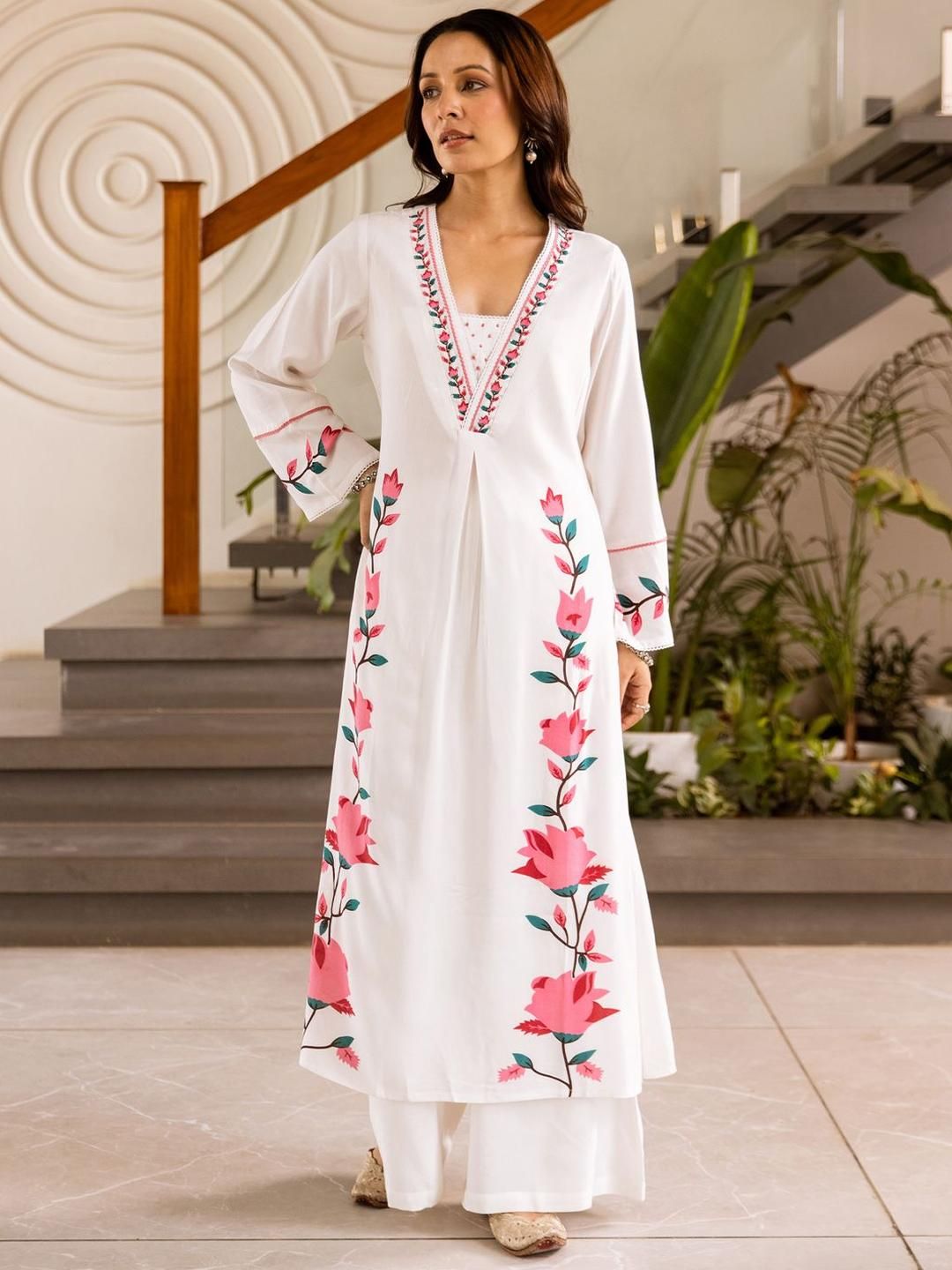 Floral Printed Straight Thread Work Kurta With Palazzos