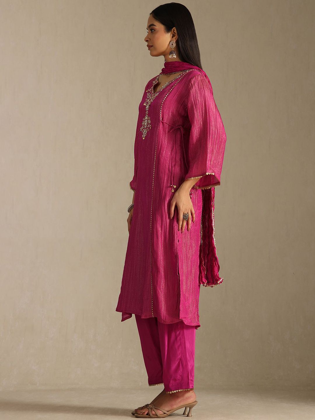 Dhiyona SO Women's Women Ethnic Motifs Yoke Design Regular Zardozi Kurta with Trousers & Dupatta