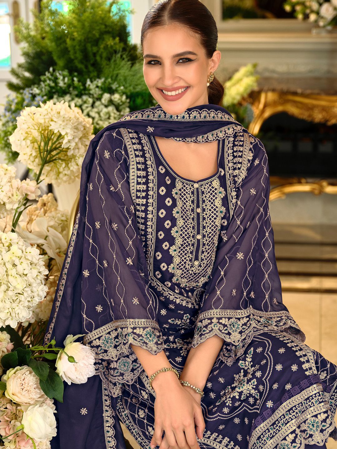 Ethnic Motifs Embroidered Sequinned Kurta with Trousers & Dupatta