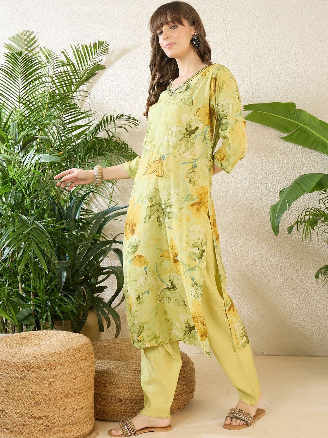 Floral Printed Thread Work Pure Cotton Kurta With Palazzos