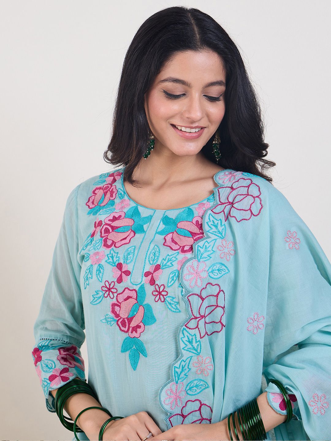 Dhiyona IE Floral Embroidered Thread Work Pure Cotton Kurta With Trousers & Dupatta