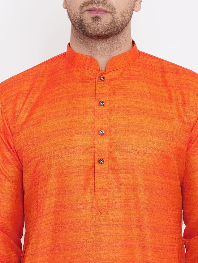 Men's Orange Silk Blend Straight Kurta Pyjama Set