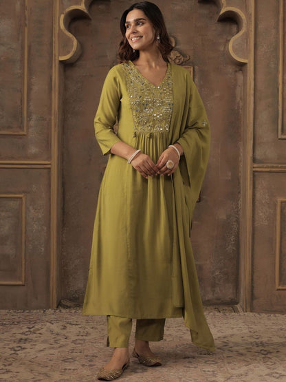 Women Green Silk Blend Ethnic Motifs Empire Mirror Work Kurta Trousers & Dupatta