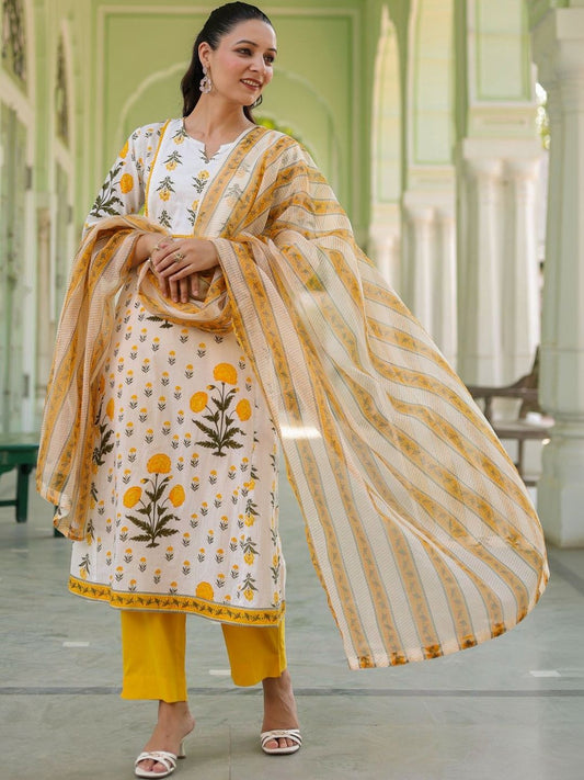 Dhiyona RR Women's Floral Printed Regular Pure Cotton Kurta with Trousers & With Dupatta