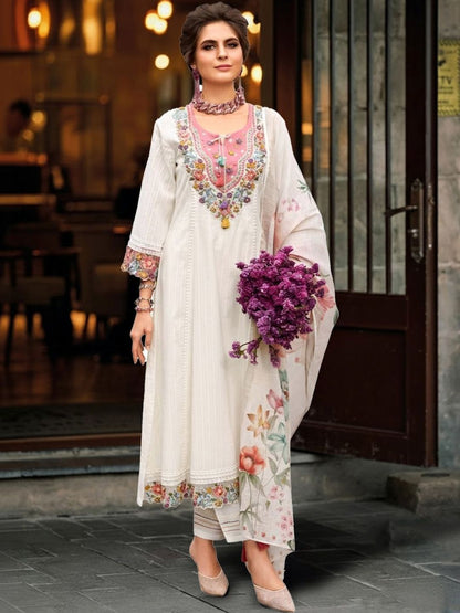 Women Floral Embroidered Regular Thread Work Pure Cotton Kurta with Trousers & With Dupatta