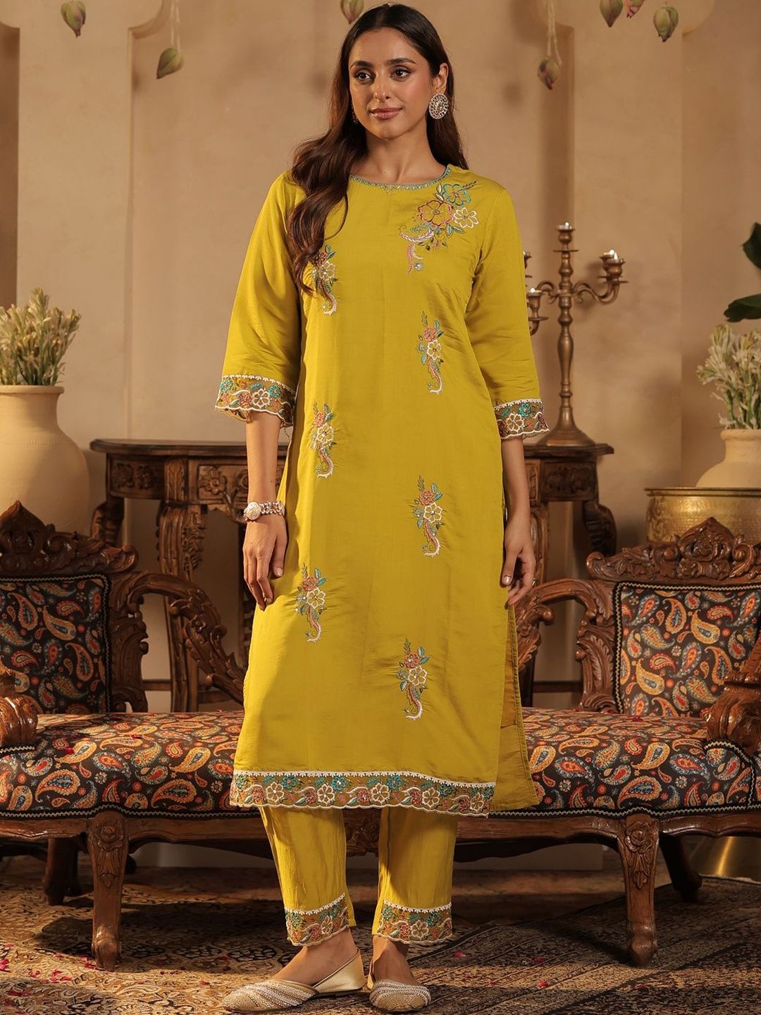 Floral Embroidered Thread Work Kurta With Trouser & Dupatta