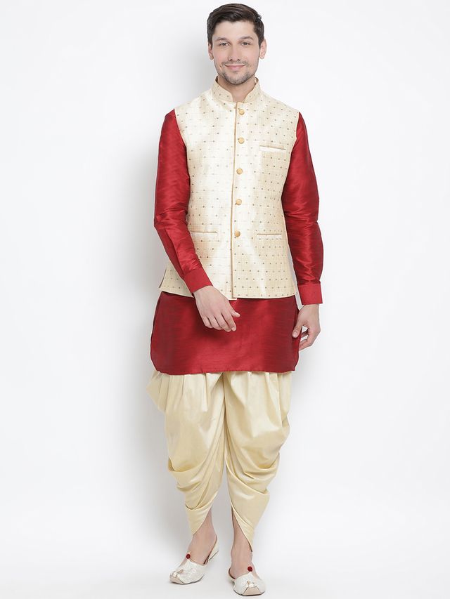 Men's Maroon Silk Blend Straight Jacket  Kurta and Dhoti Set