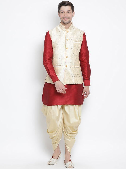 Men's Maroon Silk Blend Straight Jacket  Kurta and Dhoti Set