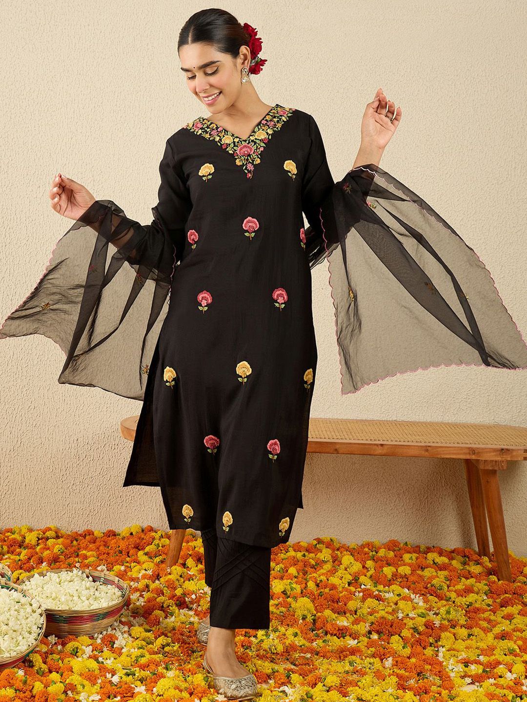 Women Floral Embroidered Kurta with Trousers & Dupatta