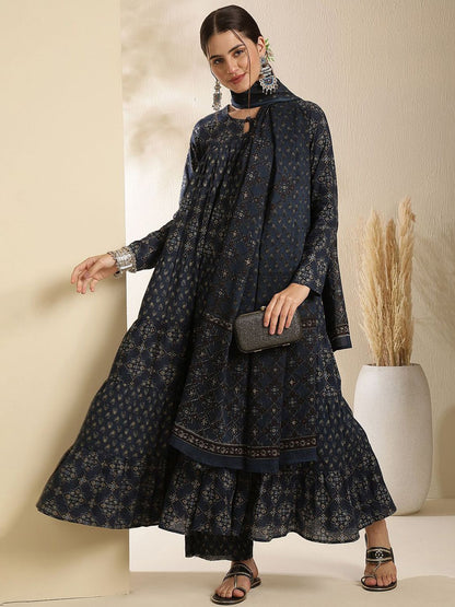 Dhiyona SN Women's Floral Printed Pure Cotton Key Hole-Neck Anarkali Kurta With Trouser & Dupatta