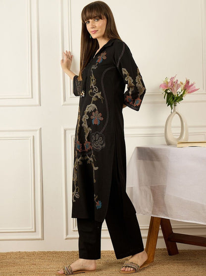 Dhiyona IE Embroidered V-Neck Three-Quarter Sleeves Pure Cotton Tunic And Trousers