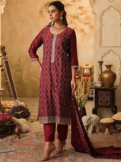 Dhiyona IE Women's Floral Embroidered Round Neck Zari Straight Kurta & Trousers With Dupatta