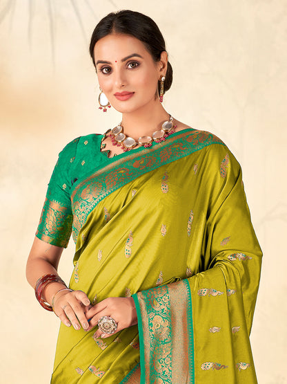 Women's Silk Blend Teal green Woven Design Designer Saree With Blouse Piece