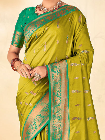 Women's Silk Blend Teal green Woven Design Designer Saree With Blouse Piece