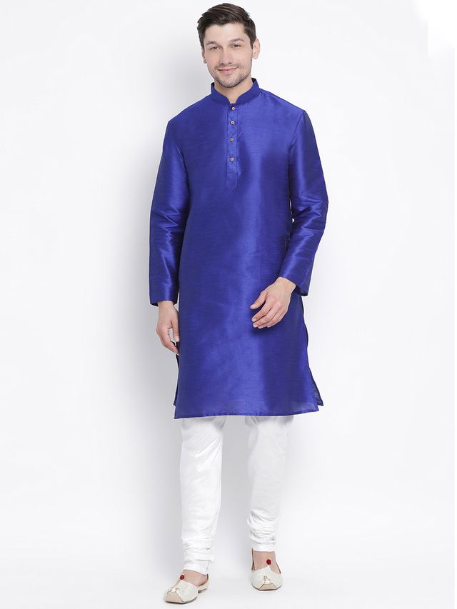 Men's Blue Silk Blend Straight Kurta Pyjama Set
