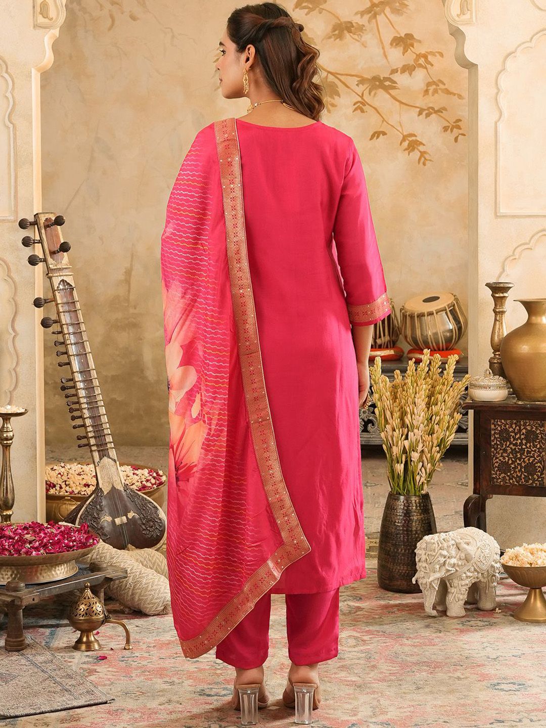 Dhiyona IE Women's Women Ethnic Motifs Embroidered Kurta with Trousers & Dupatta