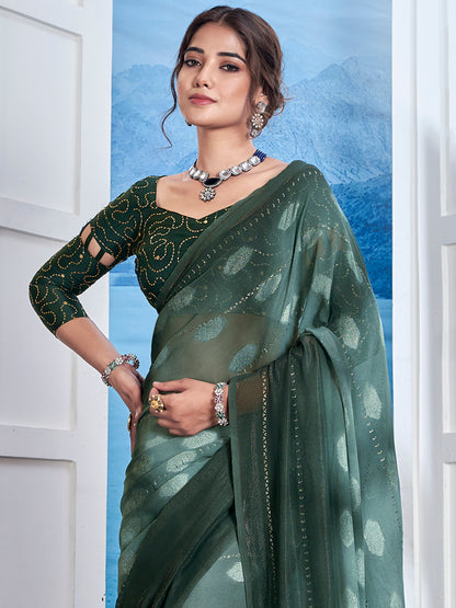 Women's Georgette Teal green Printed Designer Saree With Blouse Piece
