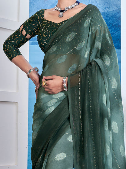 Women's Georgette Teal green Printed Designer Saree With Blouse Piece