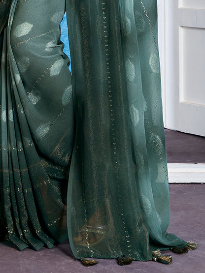 Women's Georgette Teal green Printed Designer Saree With Blouse Piece