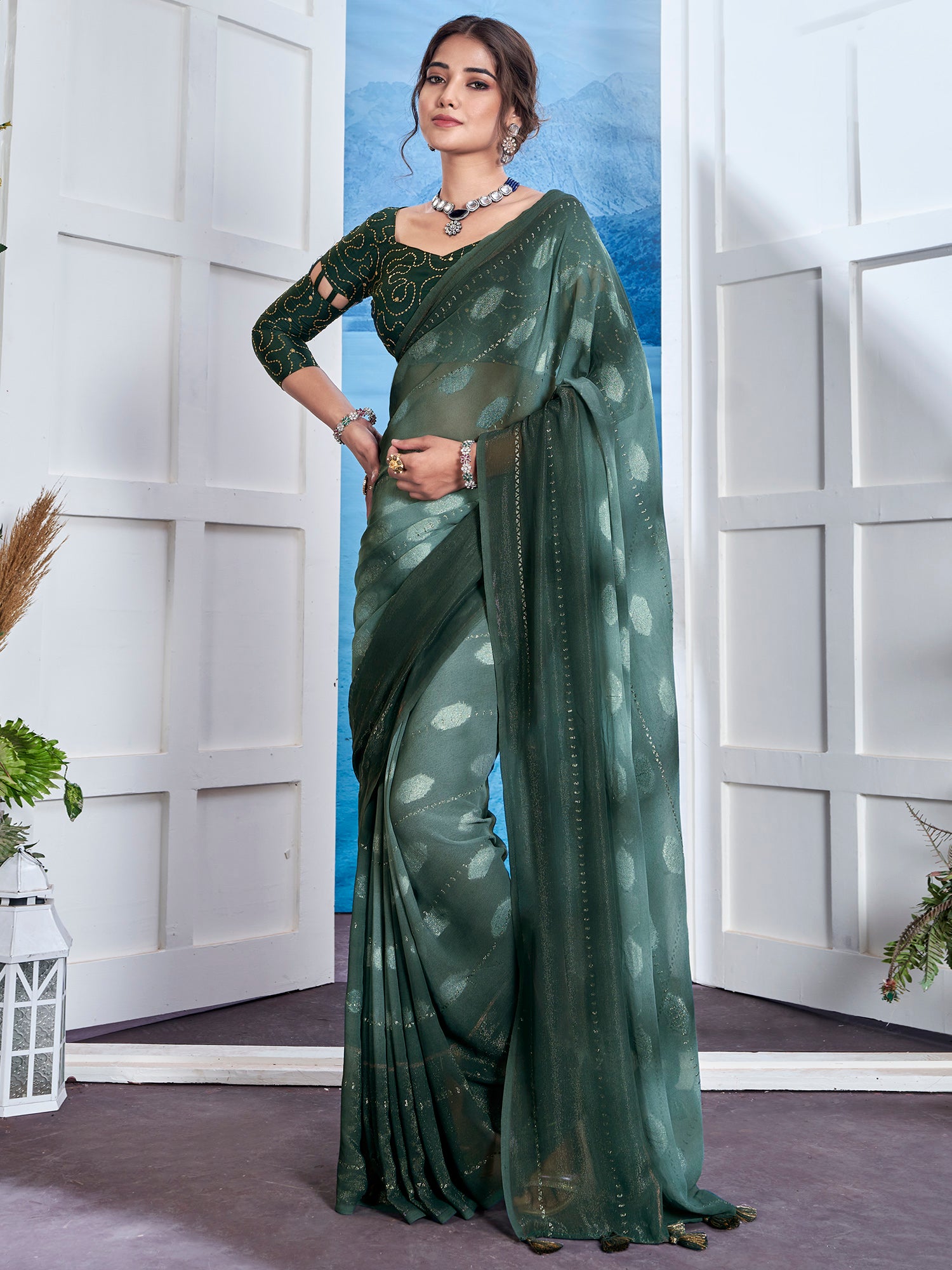 Women's Georgette Teal green Printed Designer Saree With Blouse Piece