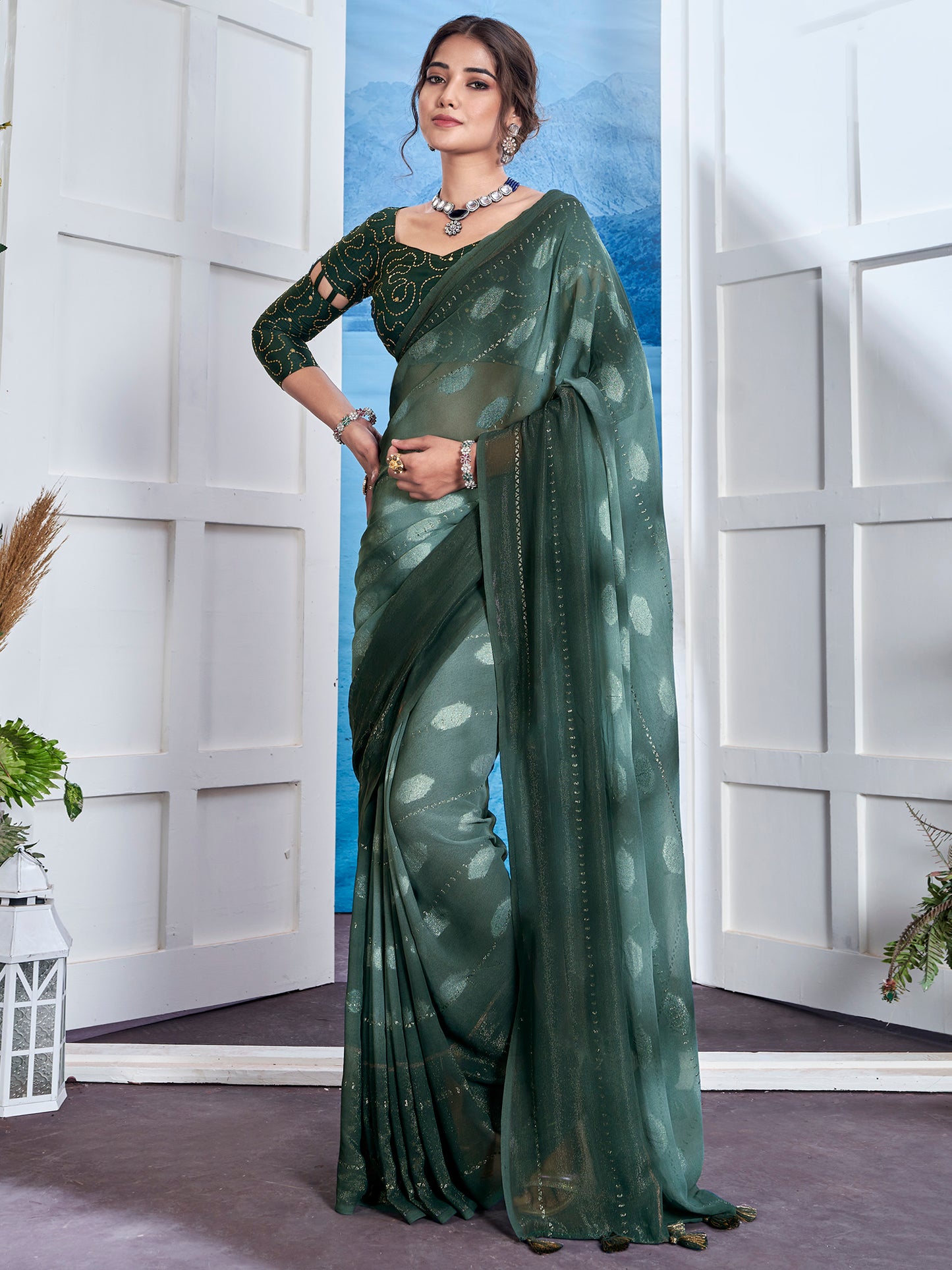 Women's Georgette Teal green Printed Designer Saree With Blouse Piece