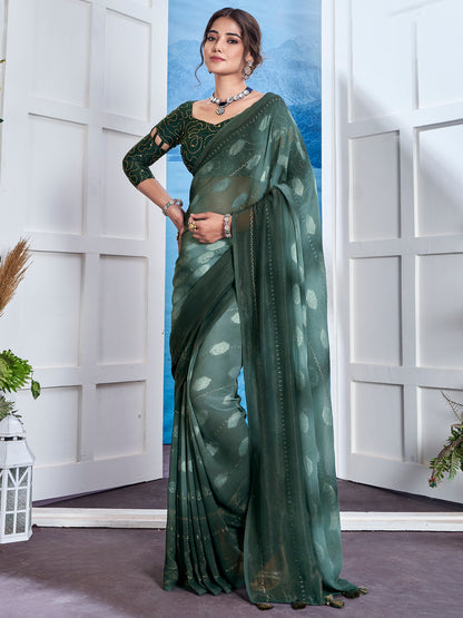 Women's Georgette Teal green Printed Designer Saree With Blouse Piece