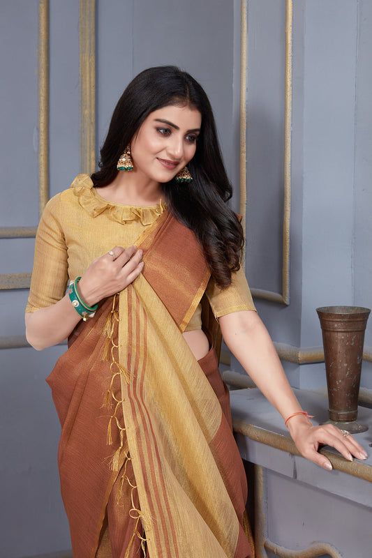 Dhiyona GR Women's Jheel Dusty Mauve & Gold Zari Woven Design Linen Jacquard Saree