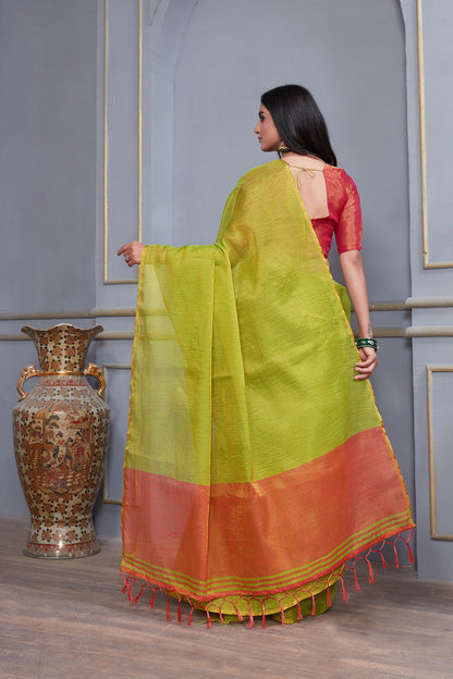 Dhiyona GR Women's Jheel Caramboa Green & Red Zari Woven Design Linen Jacquard Saree