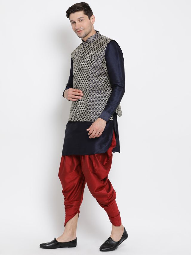 Men's Dark Blue Silk Blend Straight Jacket  Kurta and Dhoti Set