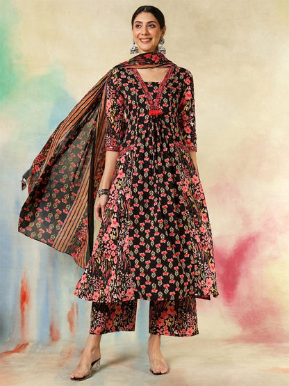 Women's Women Floral Printed Regular Pure Cotton Kurta with Trousers & With Dupatta