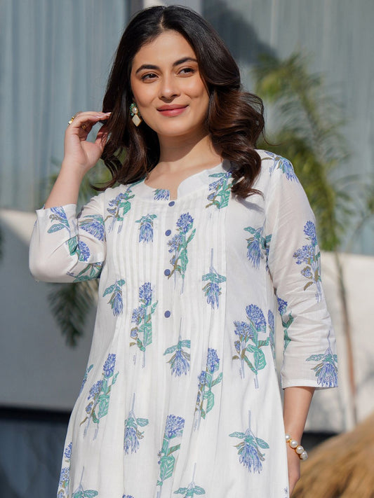 Dhiyona IE Floral Printed Round Neck Panelled A-Line Pure Cotton Kurta With Trousers