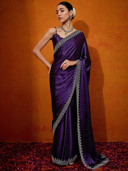 Women's Satin Silk Purple Embellished Designer Saree With Blouse Piece