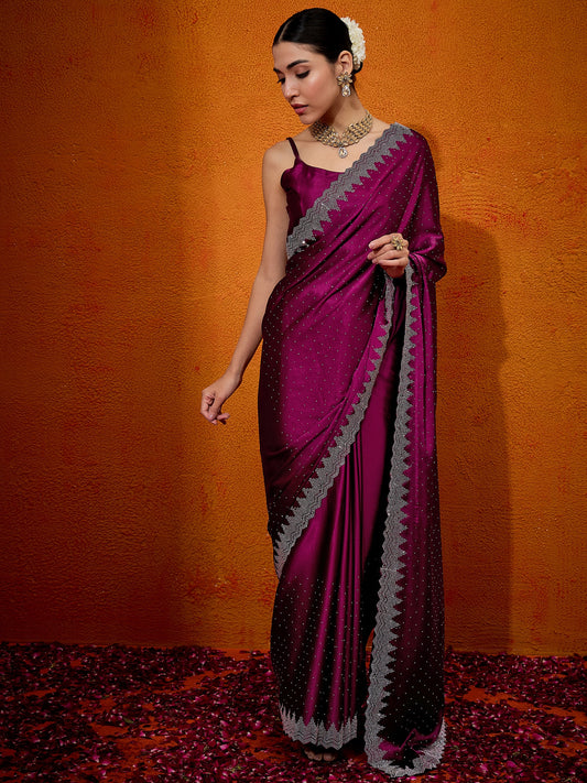 Women's Satin Silk Pink Embellished Designer Saree With Blouse Piece