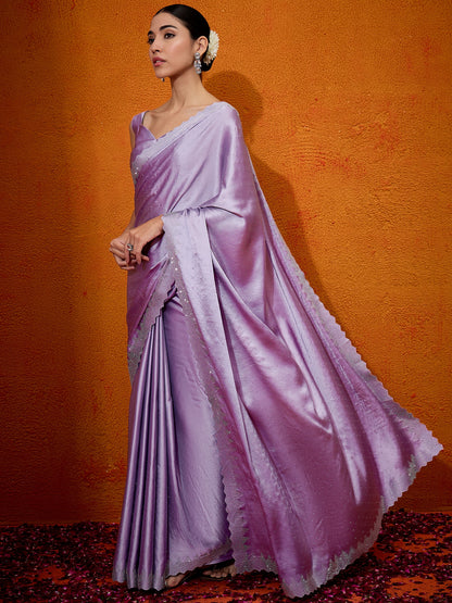 Women's Satin Silk Lavendar Embellished Designer Saree With Blouse Piece