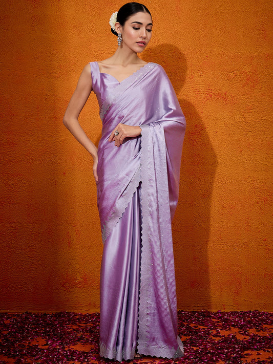 Women's Satin Silk Lavendar Embellished Designer Saree With Blouse Piece