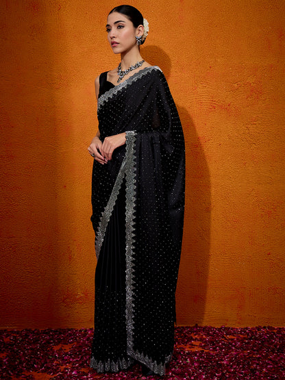 Women's Satin Silk Black Embellished Designer Saree With Blouse Piece