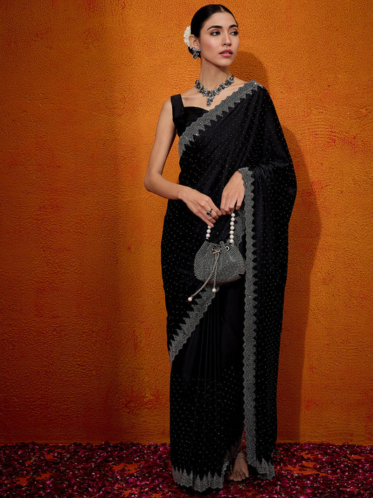 Women's Satin Silk Black Embellished Designer Saree With Blouse Piece