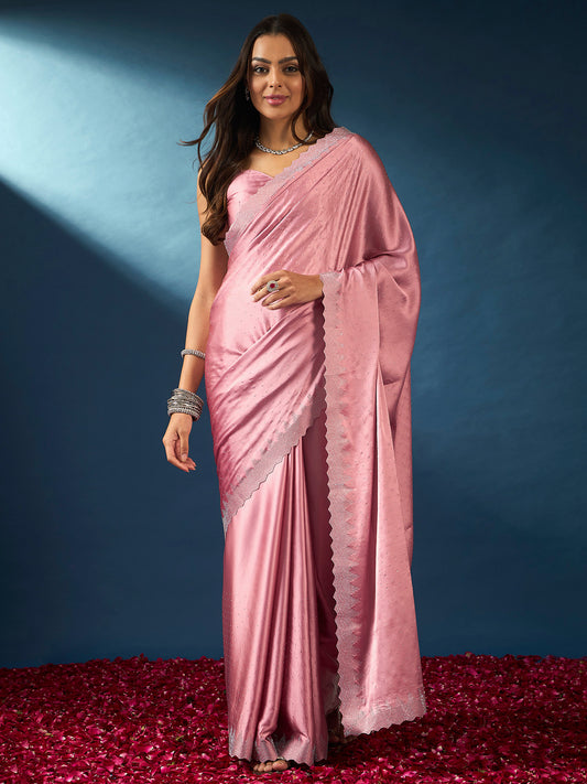 Women's Satin Silk Pink Embellished Designer Saree With Blouse Piece