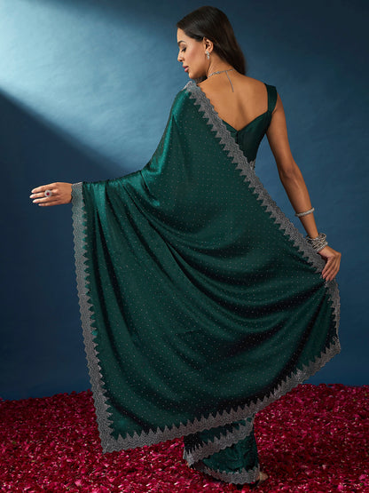 Women's Satin Silk Teal blue Embellished Designer Saree With Blouse Piece