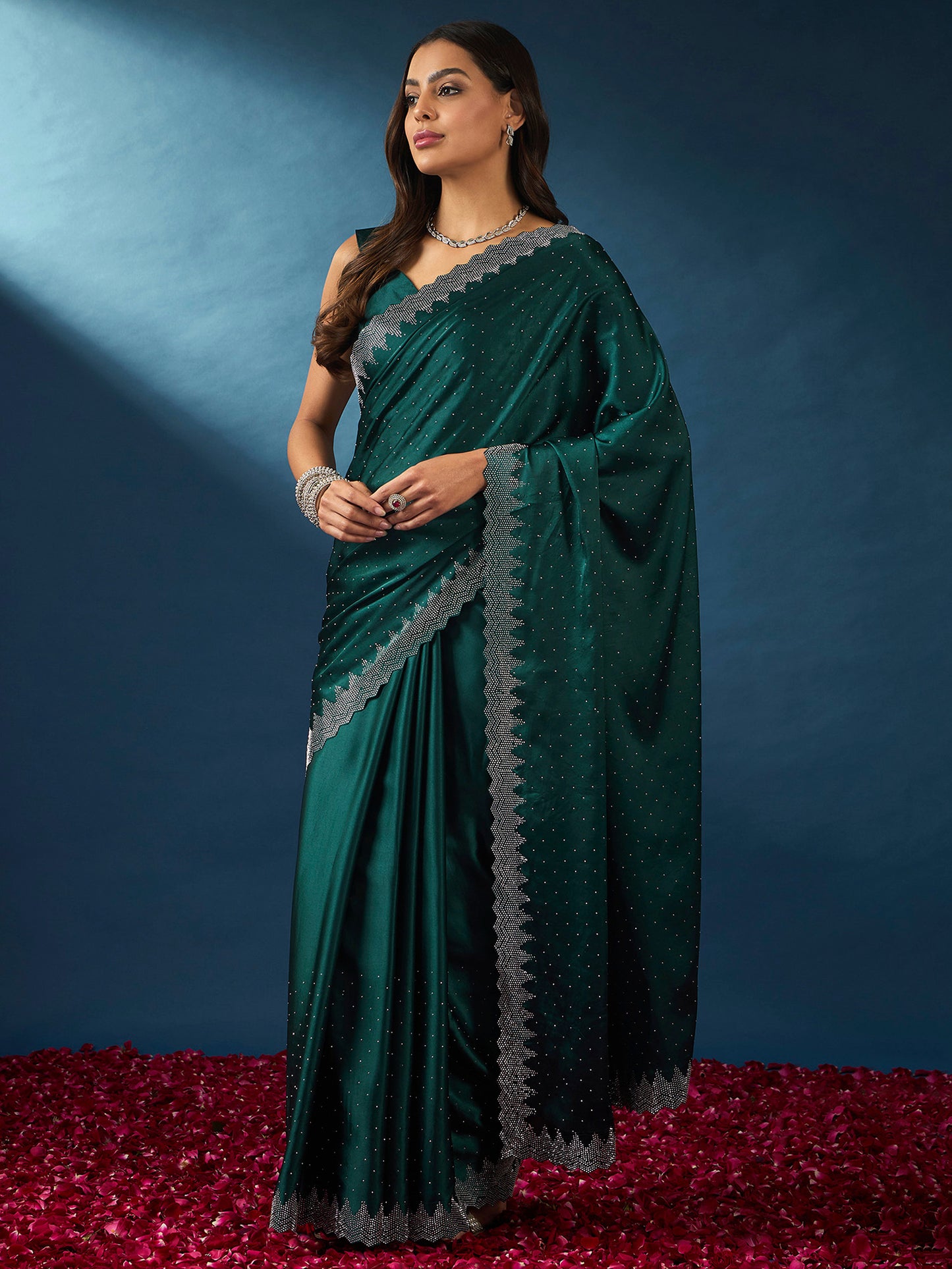Women's Satin Silk Teal blue Embellished Designer Saree With Blouse Piece
