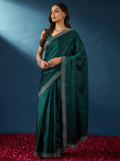 Women's Satin Silk Teal blue Embellished Designer Saree With Blouse Piece